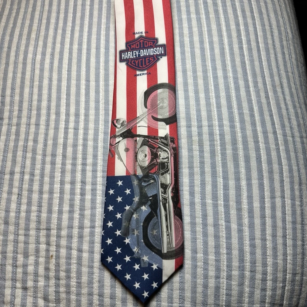 Harley-Davidson Fat Boy Silk Tie USA Flag Ralph Marlin 2000 Made USA‎ READ